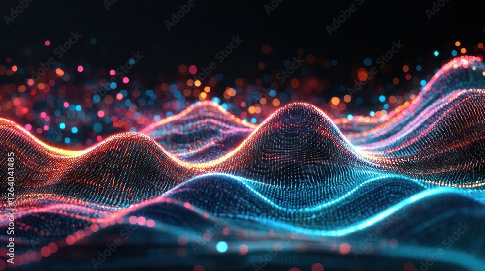 Poster abstract representation of digital waves with vibrant colors, creating a dynamic visual effect in a 