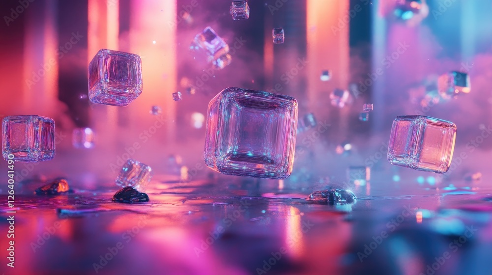 Poster An abstract composition of floating 3D cubes, with light reflections, creating a modern and technological ambiance.