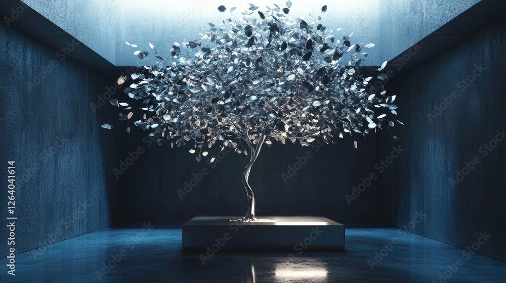 Poster an abstract metallic tree with glowing leaves in a minimalist room, featuring futuristic 3d textures