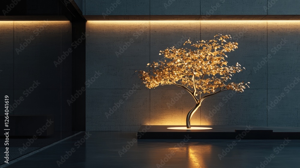 Poster an abstract metallic tree with glowing leaves in a minimalist room, featuring futuristic 3d textures