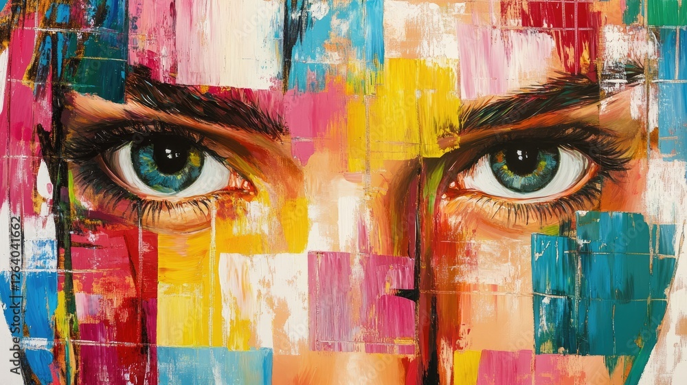 Poster an abstract painting featuring an irregular grid of bold, rough brush strokes in vibrant colors, ful
