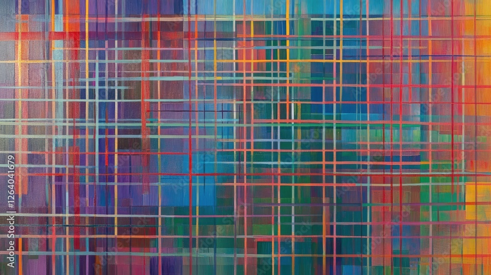 Poster an abstract painting featuring an irregular grid of bold, rough brush strokes in vibrant colors, ful
