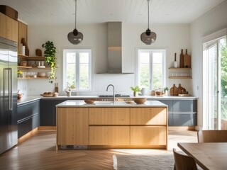 Modern Kitchen Island Design With Light Wood Cabinets