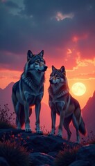 Wolves standing together at dusk, trees, unity