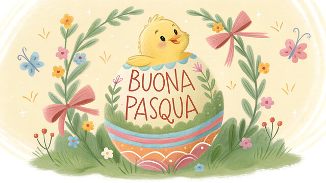 Charming Easter illustration with "Buona Pasqua" text, featuring a cute baby chick hatching from a decorated egg, surrounded by whimsical flowers, ribbons, and butterflies in a soft pastel setting.