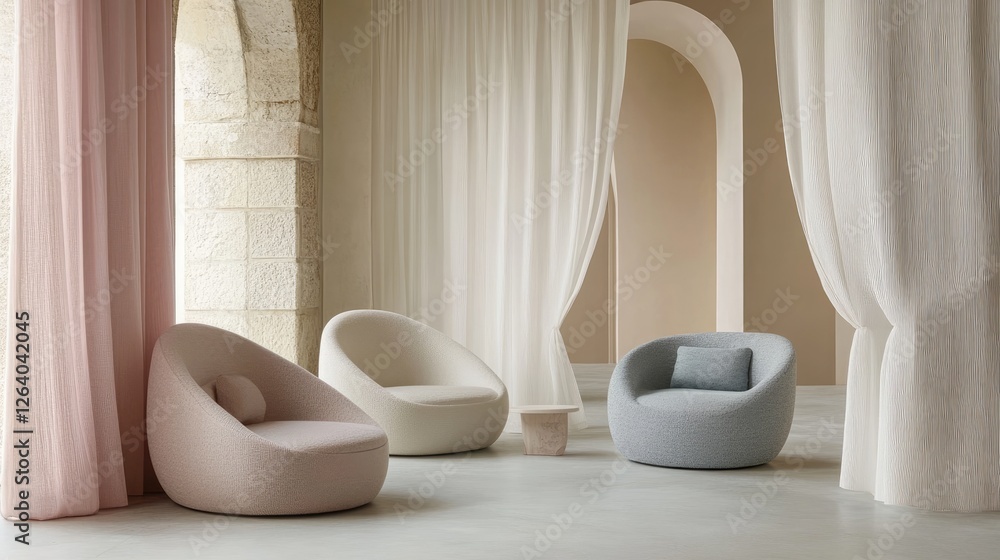 Poster elegant, smooth curves in soft pastel colors forming abstract shapes, conveying simplicity and sophi