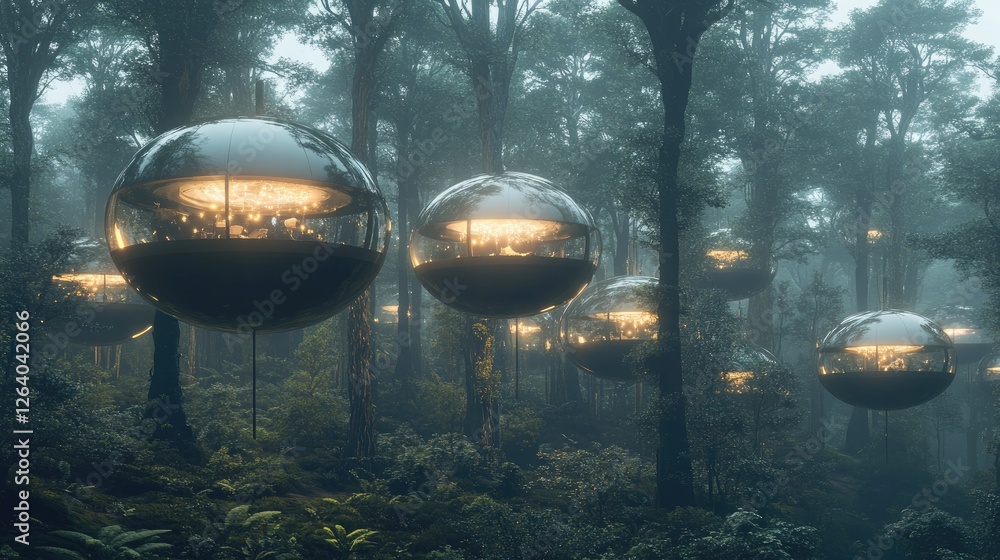 Poster floating futuristic pods glowing softly above an alien forest, filled with bioluminescent plants, cr