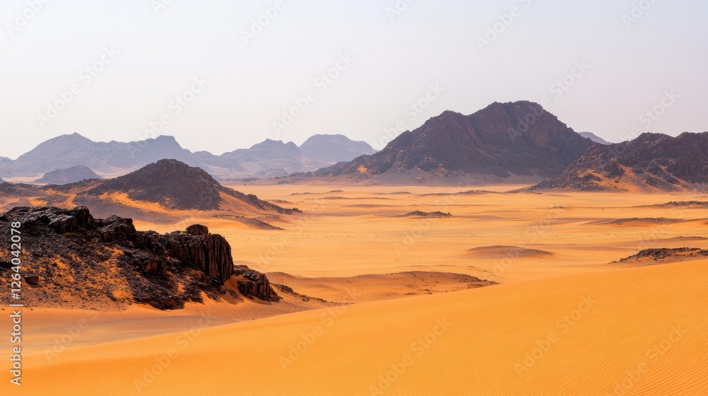 Poster expansive desert landscape with rolling dunes and rugged mountains under clear sky during midday. ge