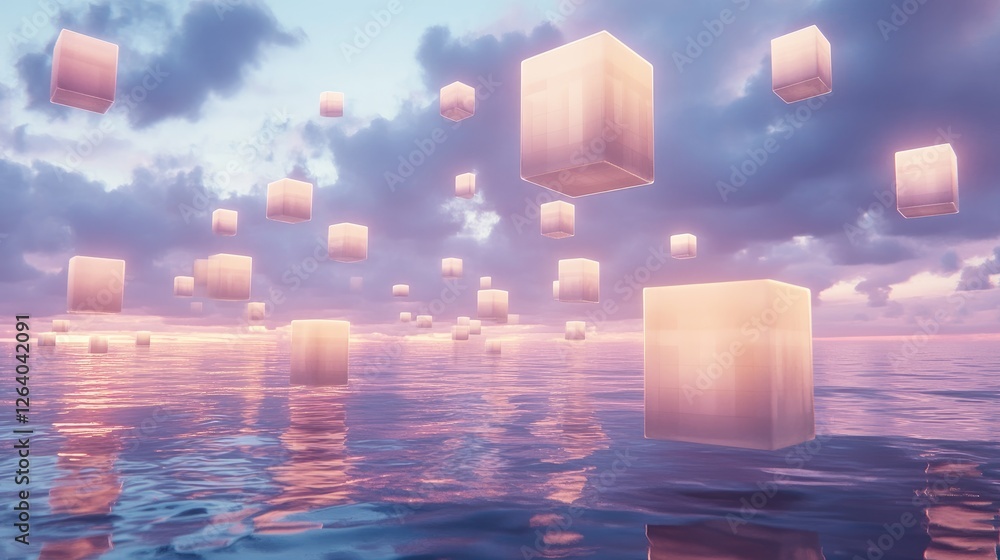 Poster Floating glowing cubes form an intricate maze above a reflective ocean, blending surreal 3D design with geometry and fantasy in an ethereal atmosphere.