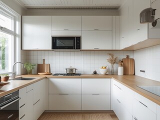 Fototapeta premium Modern White Kitchen With Light Wood Countertops