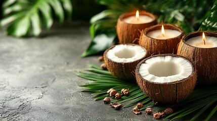 Coconut Halves and Coconut Shell Candles with Tropical Foliage – Wellness and Cultural Symbolism

