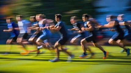 An intense moment captures a coach timing athletes as they sprint across a field with the blurred outlines of training equipment and tered sports gear providing a vibrant backdrop.