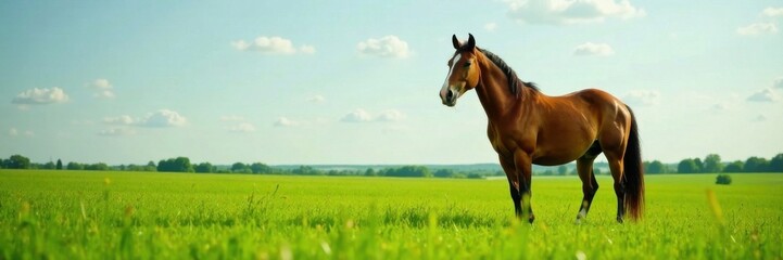 Fototapeta premium Horse standing alone in green pasture, silhouette, farm animal, green