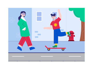 Woman skateboarding. Modern urban life illustration. Flat vector illustration concept.