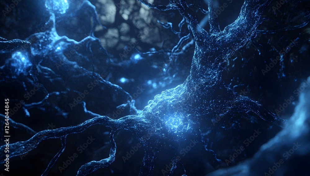Poster neuron network, deep brain, glowing synapses, abstract background