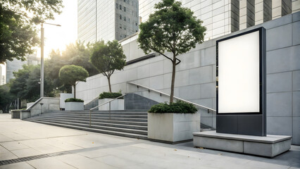 Blank billboard stands tall on a city street near stairs, trees and modern architecture in daylight.