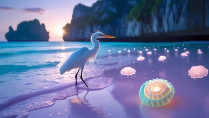 White heron at sunset by the side of sea wallpaper