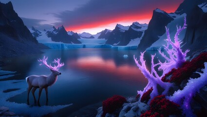 Sunrise in the mountains with magical dear