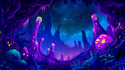 A mesmerizing alien landscape with a seamless deep-space background, featuring distinct parallax layers and vibrant extraterrestrial elements, designed for an immersive game environment