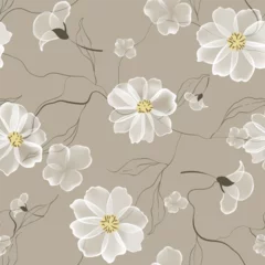 Gordijnen Floral seamless pattern features translucent white floral and line leaves on a light brown background, adding a sense of slightly vintage feel © momosama