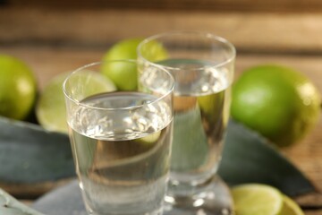 Tequila shots with limes on table, closeup