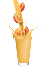 Peach milkshake and fresh fruits on white background