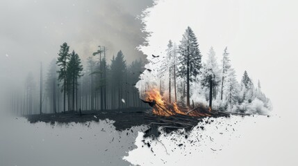 A creative conceptual image depicting a forest in both grayscale and flames, symbolizing destruction, renewal, and environmental consequences. AI generated.