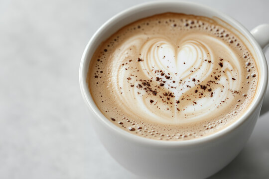 A top-down view of a single cup of latte coffee on a smooth, neutral-colored surface with a nice latte art