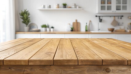 Rustic wooden table foregrounds a bright, minimalist kitchen. Perfect for a meal. Ready for your food.