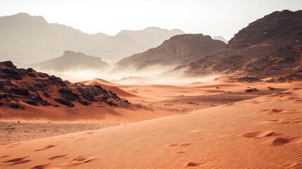 Fototapeta premium Vast desert landscape with rolling sand dunes and rocky mountains during a misty sunrise in a serene environment. Generative AI