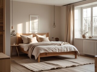 Minimalist bedroom featuring a wooden bed and neutral tones