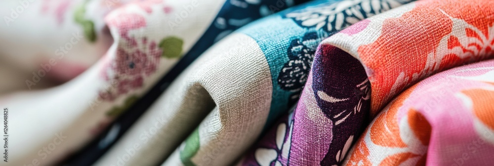 Leinwandbilder close up of colorful patterned fabrics featuring floral and geometric designs with space for text an