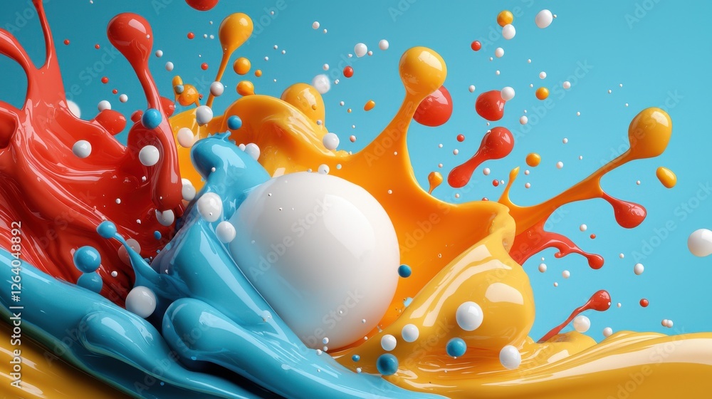 Poster explosive and energetic abstract expressionist fluid art painting with dynamic splashing color drops