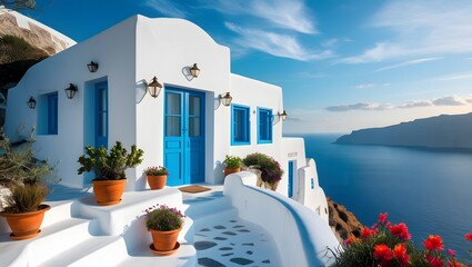 Santorini island greece house by the side of ocen lake