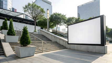 Urban Billboard: Blank canvas ready for promotion in a modern cityscape, trees, and architectural charm.