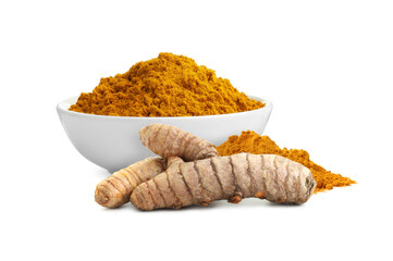 Turmeric powder in bowl and fresh root isolated on white