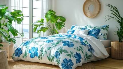 Floral bedding, bright bedroom, plants, window view, home decor