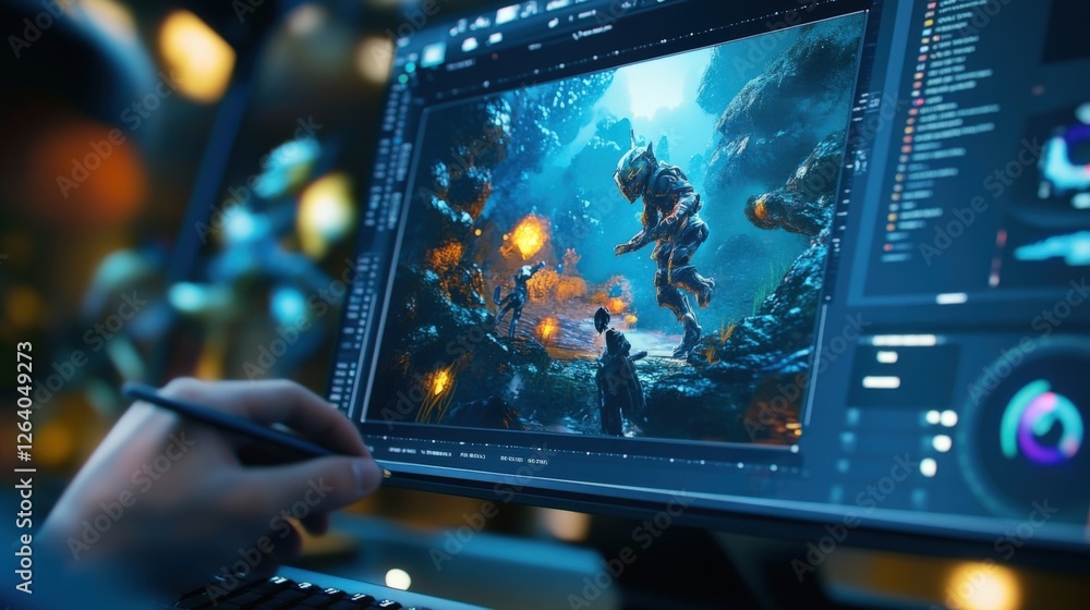 Poster digital artist works on a dynamic sci fi scene featuring a giant robot and explosions, using advance
