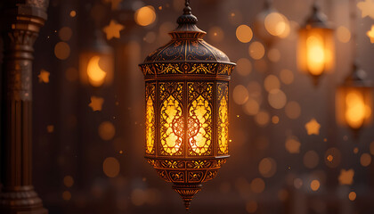 Traditional Ramadan Lantern with Crescent Moon and Warm Festive Lighting for Islamic Holy Month Celebration