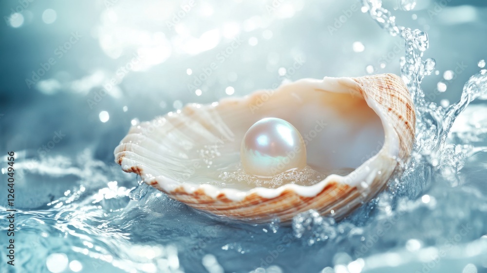 Poster a shell with a luminous pearl, surrounded by soft splashes of clear water.