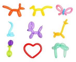 Different figures made of modelling balloons on white background, set