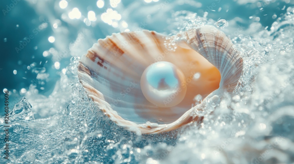 Poster a shell with a luminous pearl, surrounded by soft splashes of clear water.