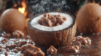 Half-cut coconut filled with chunky chocolate among whole coconuts


