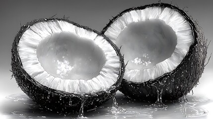 Black and White Close-Up of a Halved Coconut Dripping with Liquid

