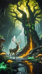 A dear in a deep magical jungle wallpaper