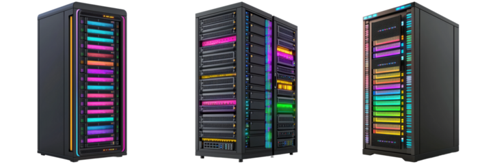 Modern Server Racks with Colorful LED Lights in a Data Center