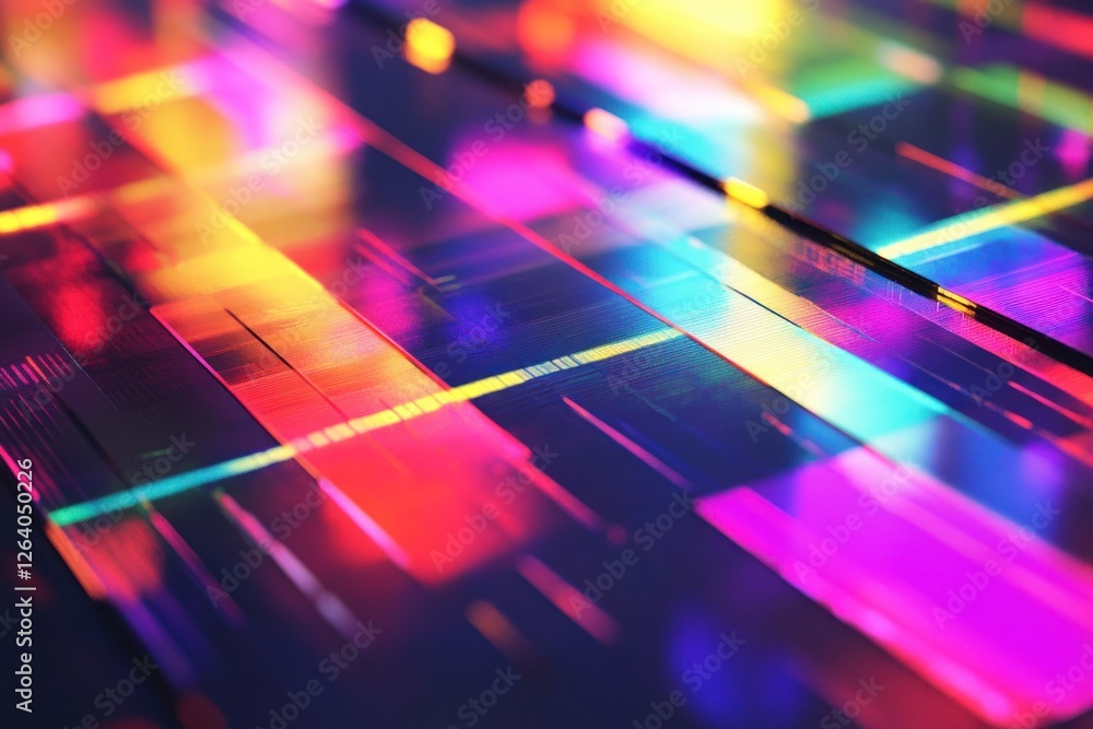 Poster vibrant abstract patterns of light reflecting on a smooth surface, creating a colorful and dynamic v