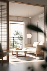 Fototapeta premium Minimalist Living Room With Natural Light And Wooden Accents