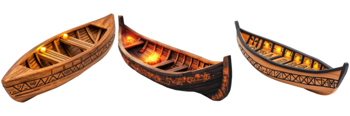 Three Unique Wooden Boats with Intricate Designs and Details