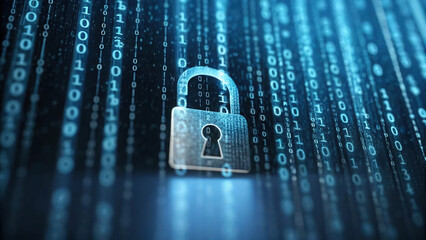 digital lock symbol surrounded by binary code, representing security and technology